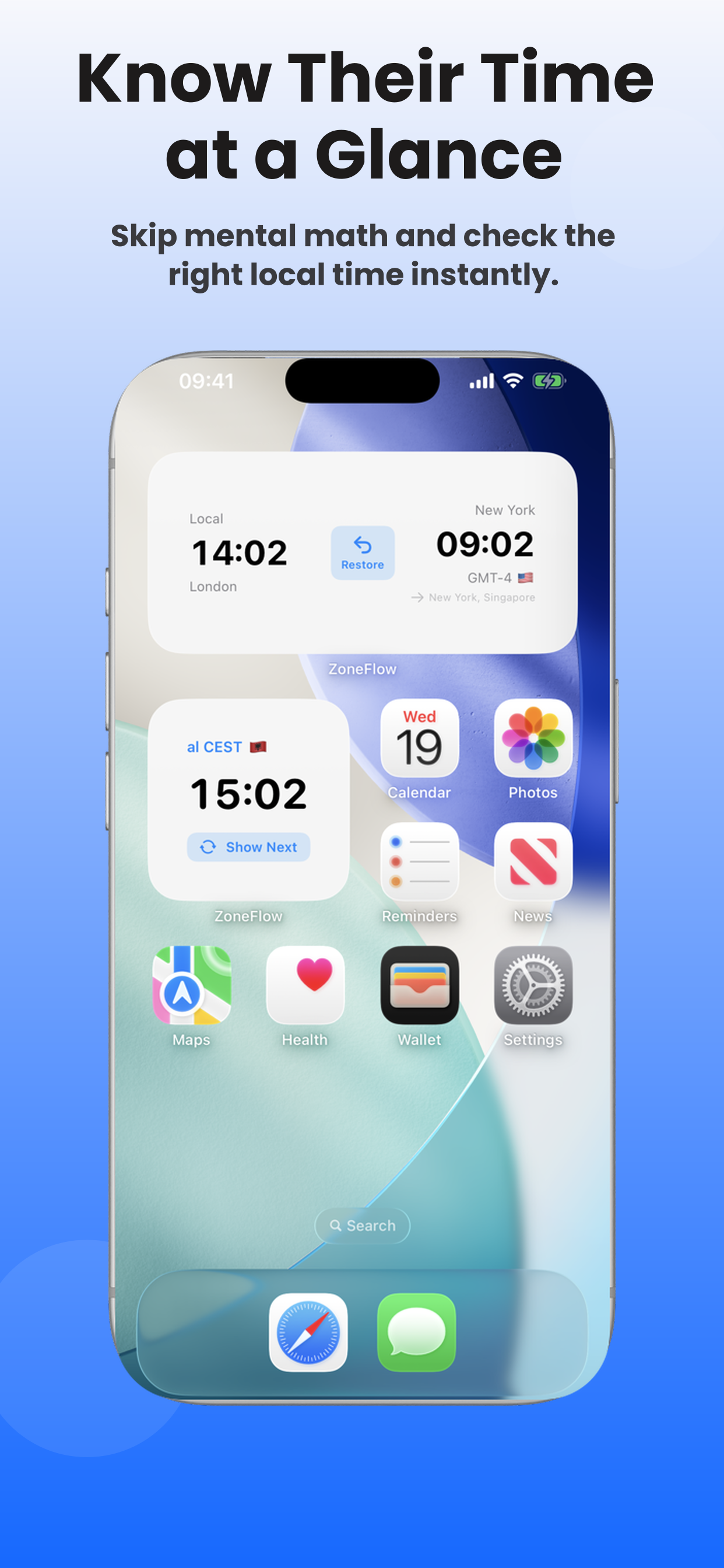 iPhone Home Screen with ZoneFlow widgets: a dual-clock widget showing local London time and New York time, and a single-clock widget showing Central European Summer Time