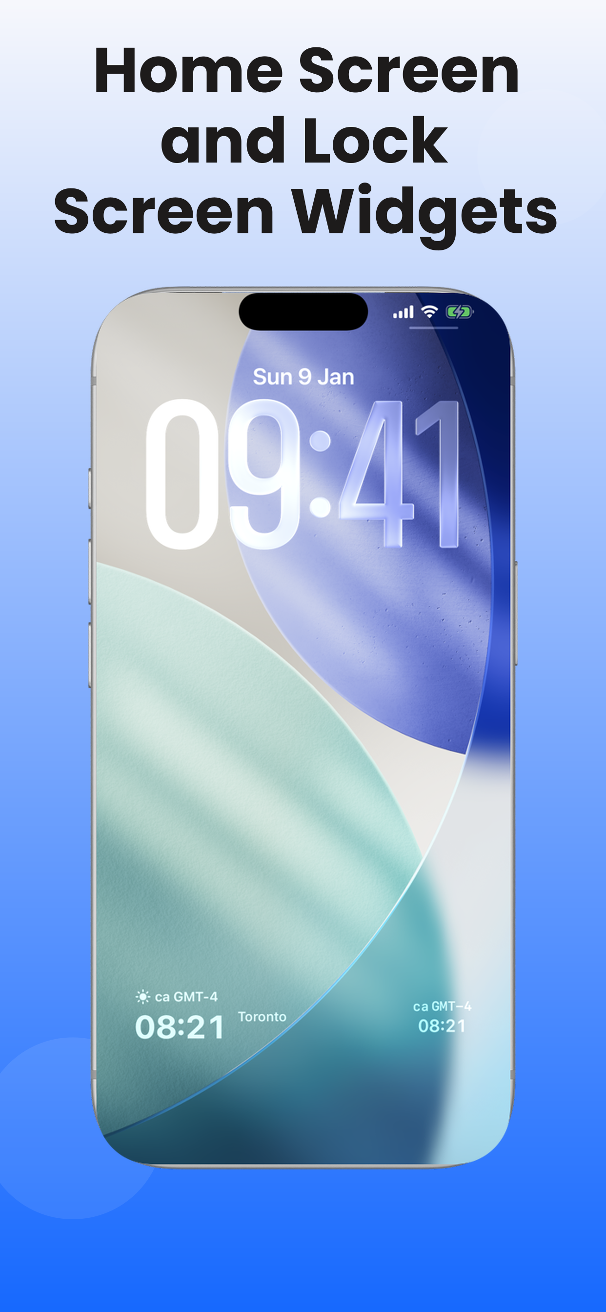 iPhone Lock Screen with ZoneFlow widgets showing Toronto time in the GMT-4 time zone