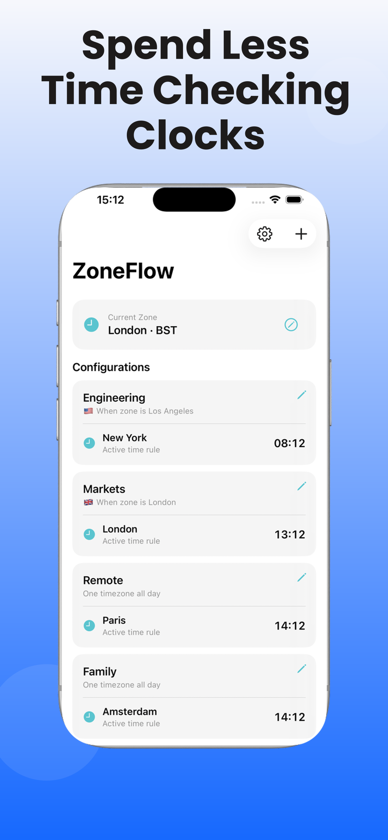 ZoneFlow app screen listing schedule configurations named Engineering, Markets, Remote, and Family, each showing its active time rule and current time