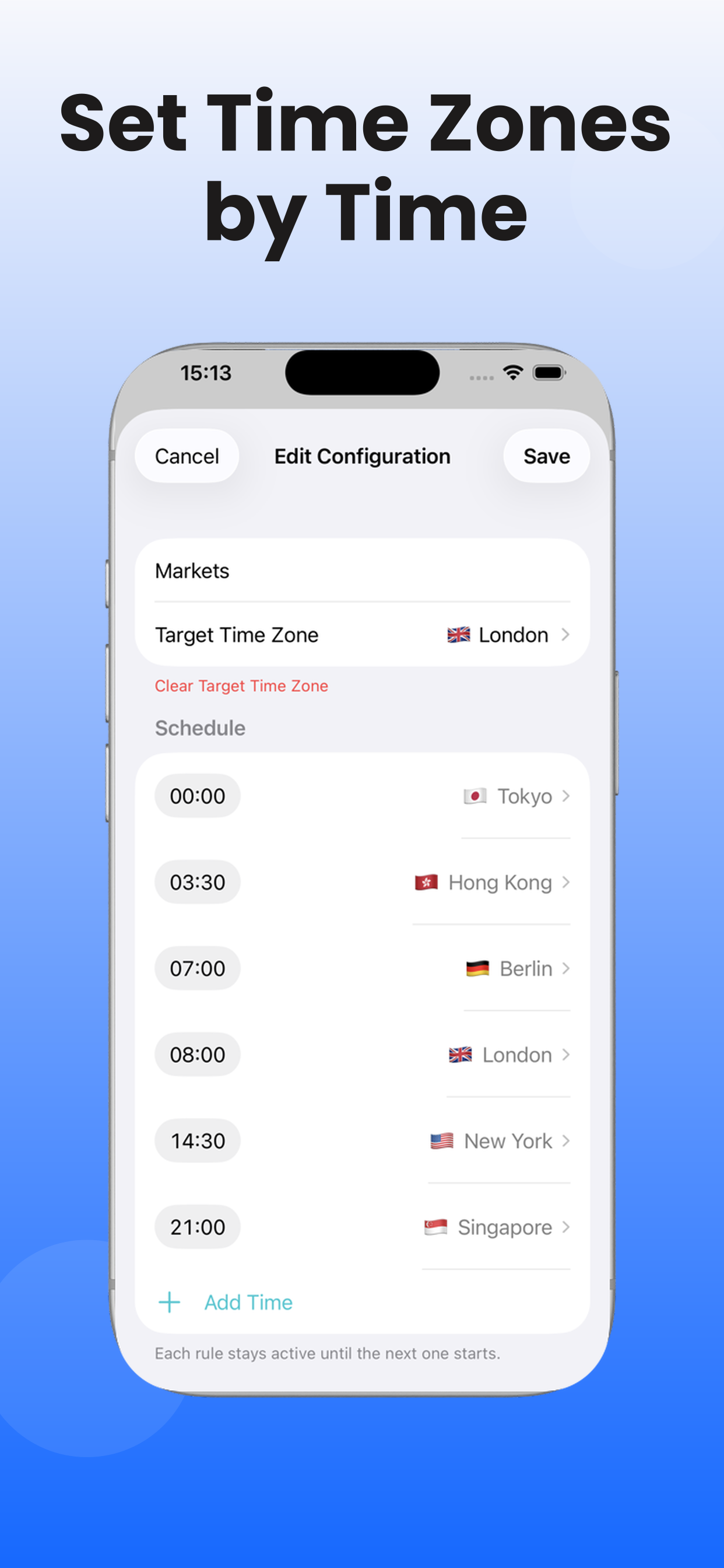 ZoneFlow schedule editor for a configuration named Markets, mapping times of day to time zones: midnight Tokyo, 3:30 Hong Kong, 7:00 Berlin, 8:00 London, 14:30 New York, 21:00 Singapore